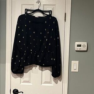 Black Blouse with Gold Accents, Tie Waist Size L